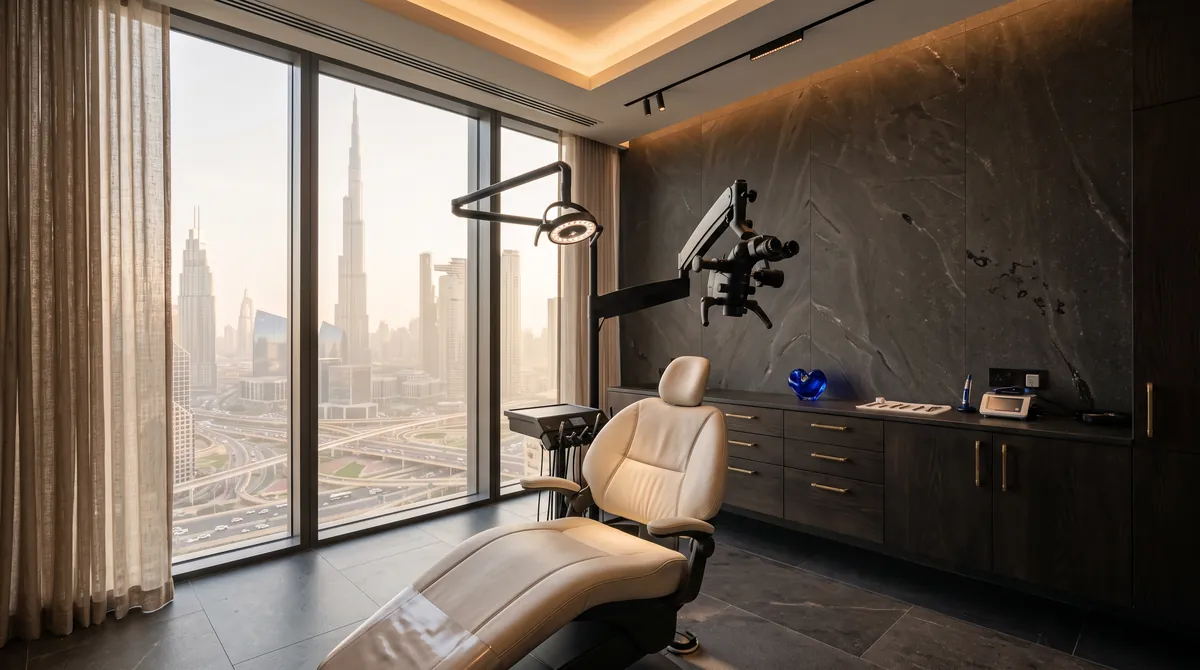 The Smalț treatment room in Dubai, with a view of the city
